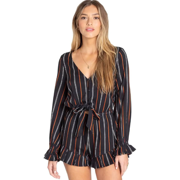 Billabong Pants - Billabong Womens Romper Size Large Black Striped Play All Day Ruffle Trim V-Neck